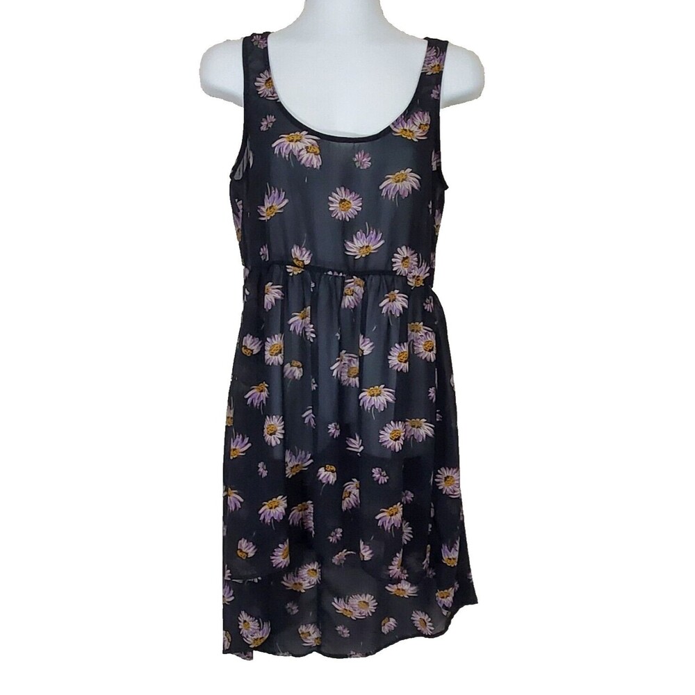 O'Neill Dress Small Sheer Black Daisy Floral Skater Surfer Short Casual Cover